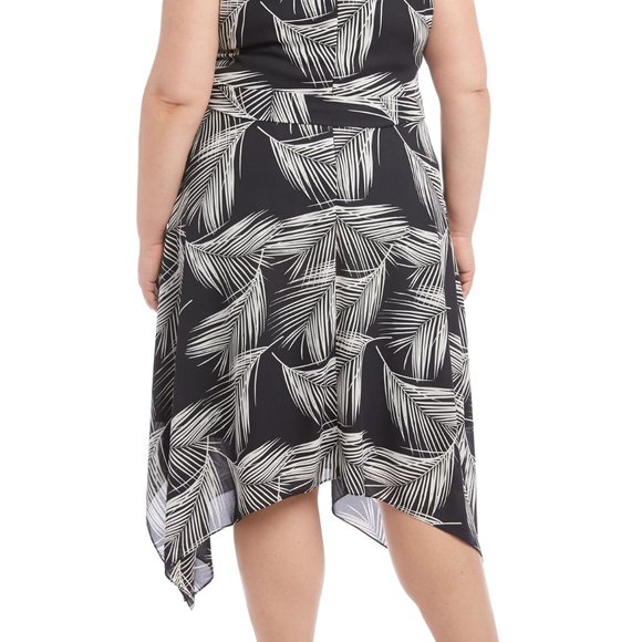 Karen Kane Handkerchief Hem Palm Print Dress 1X - Picture 2 of 4